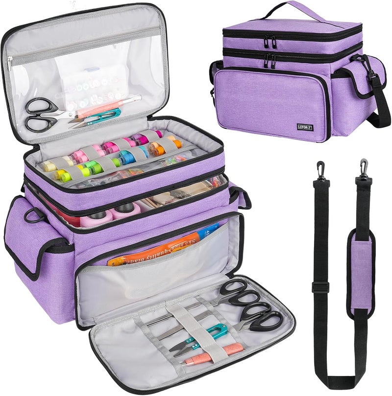 LEFORZ Large Sewing Supplies Organizer,Double-Layer Sewing Accessories Storage and Organizer Case Bag,Protable Travel Sewing Box Sewing Basket for Sewing Tools,Purple(Bag Only) - Image 1